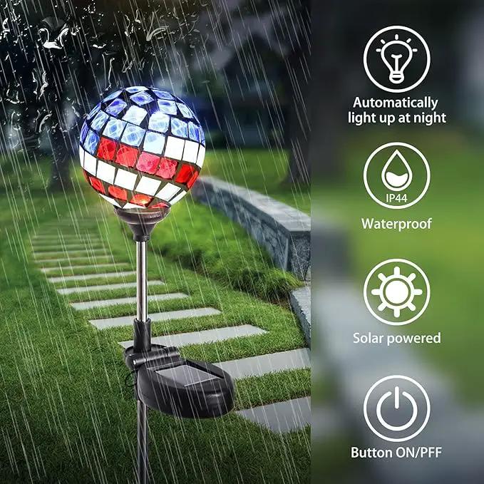 WNP Solar Powered Outdoor Garden Light Stakes Decoration,Mosaic Globe 4th of July Stake Solar Light Garden Decor,Solar Glow Glass Ball Lights Waterproof Decor Light for Patio Pathway,Yard by GreenHaven Gardens