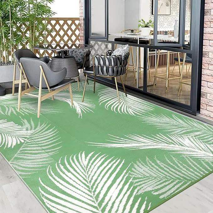 Pauwer Waterproof Outdoor Rug 9x12, Reversible Plastic Straw Patio Camping Rug, Indoor Outdoor RV Mat Carpet for Deck, Camper, Porch, Balcony, Backyard, Picnic, Leaf Green by GreenHaven Gardens