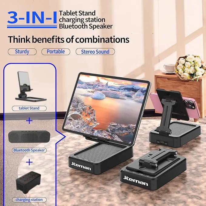 JTEMAN Tablet Stand Adjustable with Bluetooth Speakers,Kitchen Gadgets,Gifts for Women Men,Wireless Bluetooth Speaker Tablet Holder,Desk Mic Charging Sation Compatible with Phones and Tablet by GreenHaven Gardens