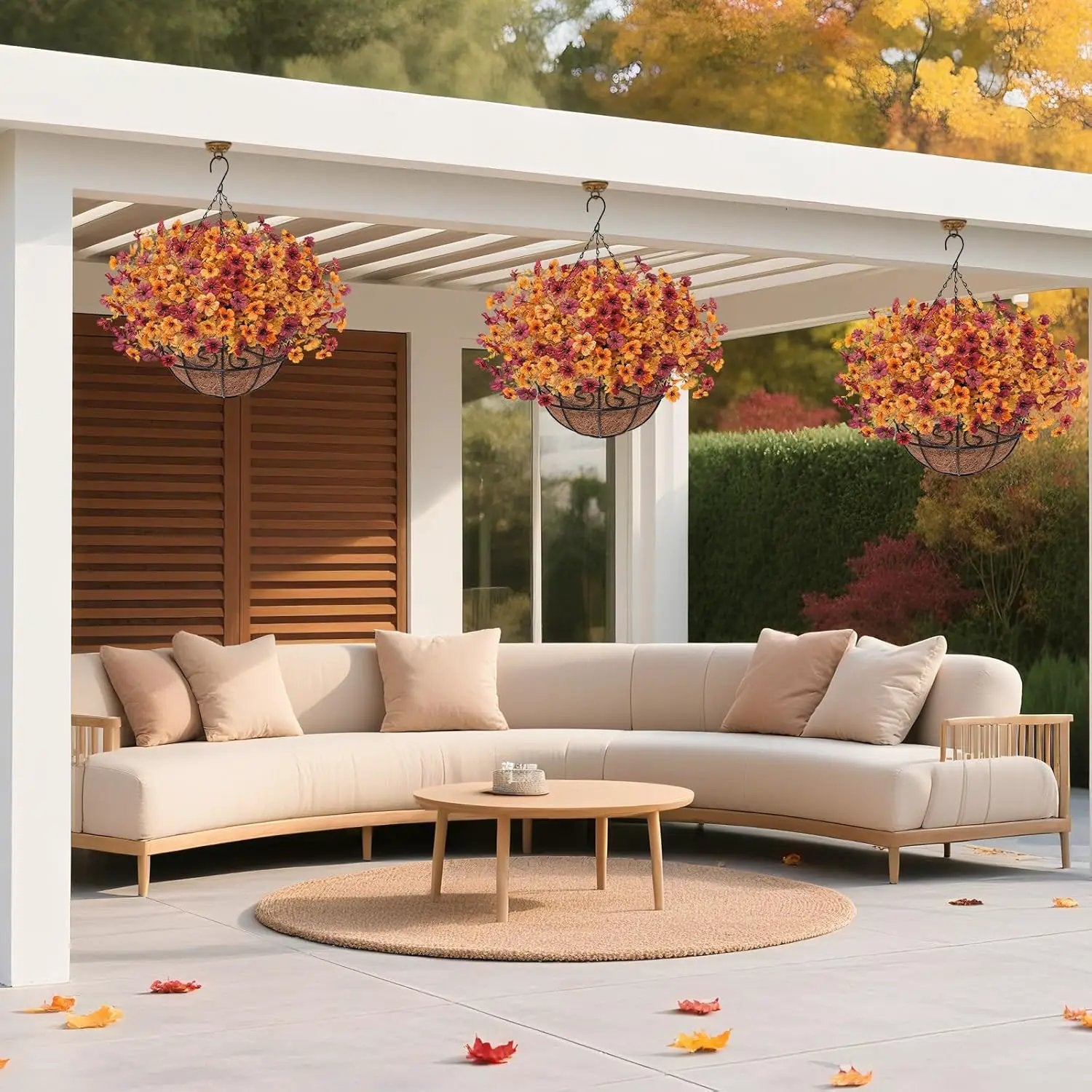 Fall Artfiticial Hanging Flowers Baskets for Outdoors, UV Resistant Fake Fall Hanging Plants, Faux Orange Flowers for Autumn Home Patio Garden Front Porch Balcony Decor (Yellow Red) by GreenHaven Gardens