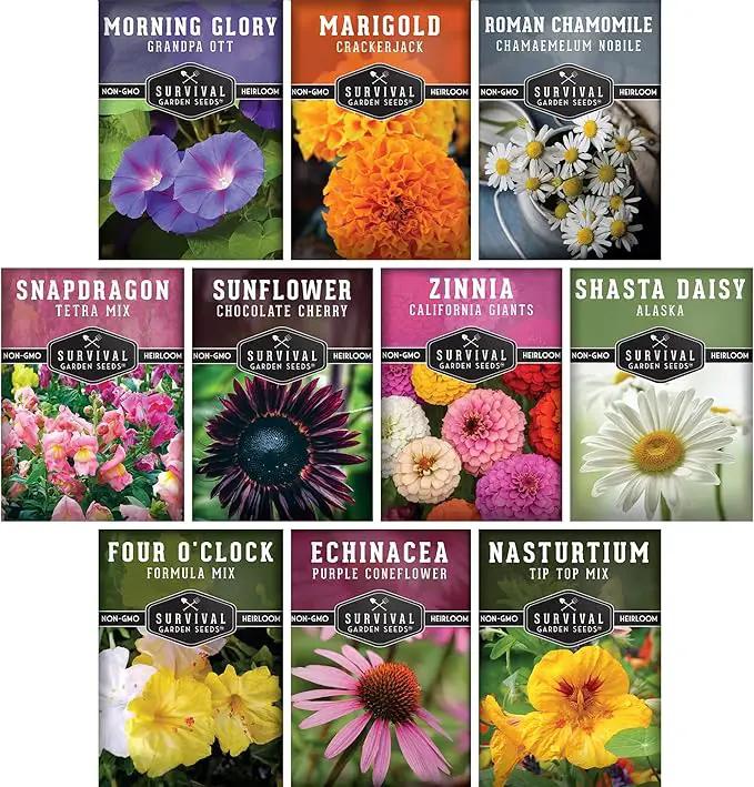 Survival Garden Seeds 10 Flower Collection - Four O’Clock, Chamomile, Shasta Daisy, Purple Coneflower, Marigold, Morning Glory, Nasturtium, Snapdragon, Sunflower, Zinnia - Non-GMO Heirloom Varieties by GreenHaven Gardens