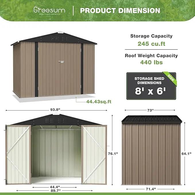 Greesum Outdoor Storage Shed 6 x 8 ft. Utility Tool Shed Metal Storage Garden Shed with Door & Lock for Patio Storage, Brown by GreenHaven Gardens