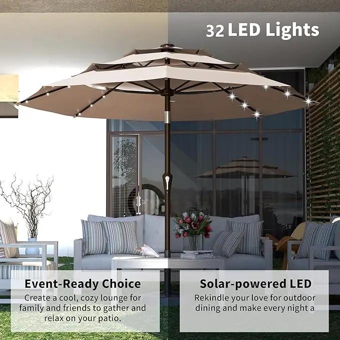 Kingdura 10ft 3-Tier Patio Umbrella with Solar Lights, Table Umbrella Outdoor Patio with Easy Crank & Tilt, 8 Sturdy Ribs, UV Protection, 32 LED Lights for Deck, Poolside, Market (Beige) by GreenHaven Gardens