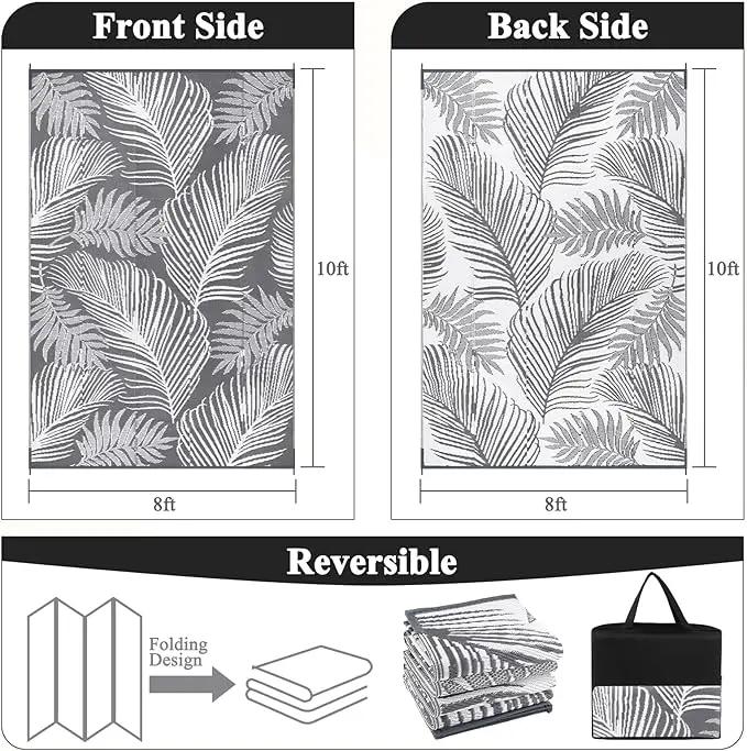 Pauwer Waterproof Outdoor Rug 8x10, Reversible Plastic Straw Patio Camping Rug, Indoor Outdoor RV Mat Carpet for Deck, Camper, Porch, Balcony, Backyard, Picnic, Leaf Grey by GreenHaven Gardens