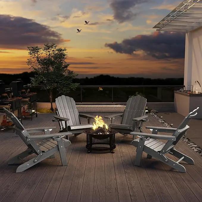 Folding Adirondack Chair Set of 4 with Adjustable Backrest, Adirondack Chair with Retractable Ottoman with 2 Cup Holders, for Pool Deck Beach Garden, Grey by GreenHaven Gardens
