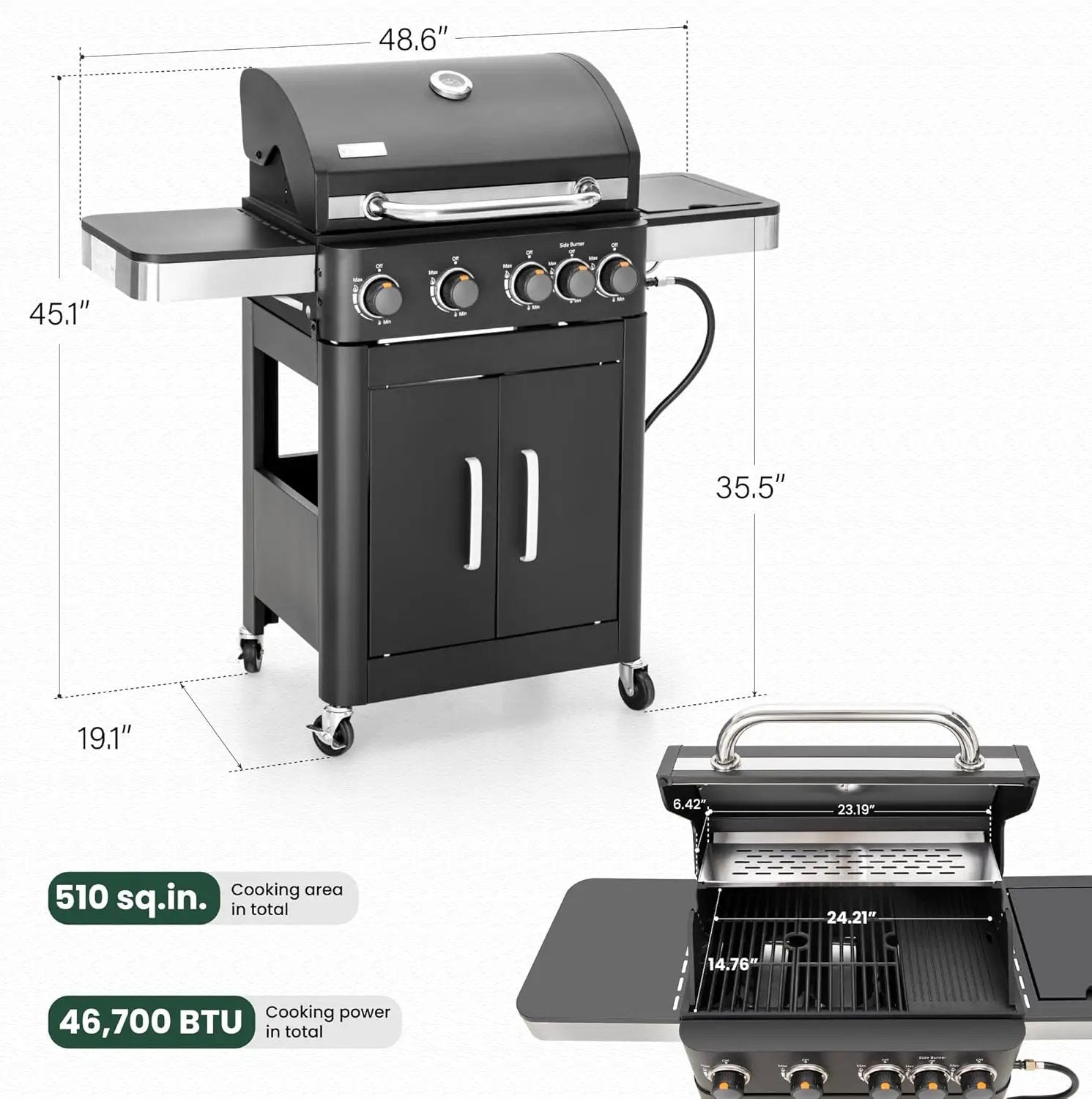 2 in 1 Propane Gas BBQ Grill with Side Burner & Porcelain-Enameled Cast Iron Grate, 4-Burner Flat Top Griddle, 46,700 BTU Outdoor Barbecue Propane Griddle Grill Combo for Camping, Patio, Backyard by GreenHaven Gardens