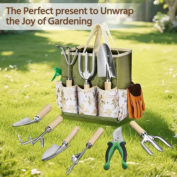 LASZOLA 9 Pcs Garden Tools Set with Tote Bag and Hand Trowel Rake Shovel, Heavy Duty Stainless Steel Gardening Kit for Outdoor Plant, Standable Portable Handbag Organizer, Ideal for Women Mom, Green by GreenHaven Gardens