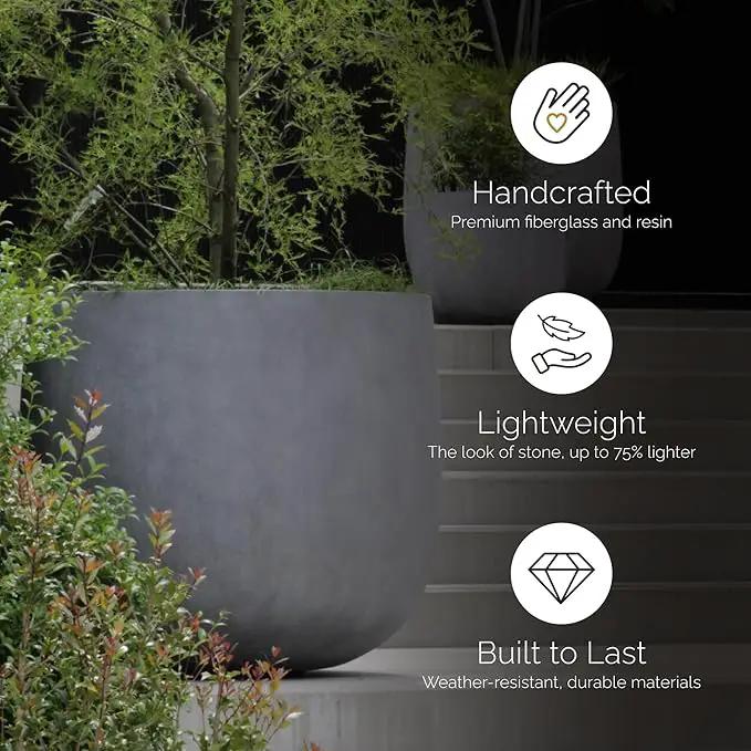 Mondo Large Planter – Brown Stone Finish – Fiberglass Indoor/Outdoor and Weather-Resistant Round Planter (33" D x 31.3" H Exterior, 31.5" D x 30.7" H Interior) by GreenHaven Gardens