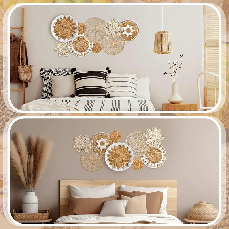 Xuhal Set of 8 Hanging Woven Wall Basket Handmade Decorative Rustic Boho Basket Decor Handcrafted Wicker Round Seagrass Wall Art for Home Kitchen Farmhouse Table Living Room by GreenHaven Gardens