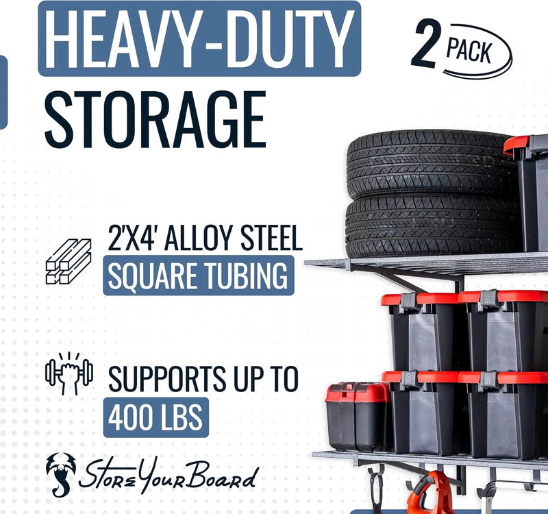StoreYourBoard 2-Pack Heavy Duty Wall Shelves – Wall-Mounted Garage Storage Shelving and Organization for Sheds, Closets, or Utility Rooms – Holds 200 lbs, 2ft x 4ft, Hammered Gray by GreenHaven Gardens