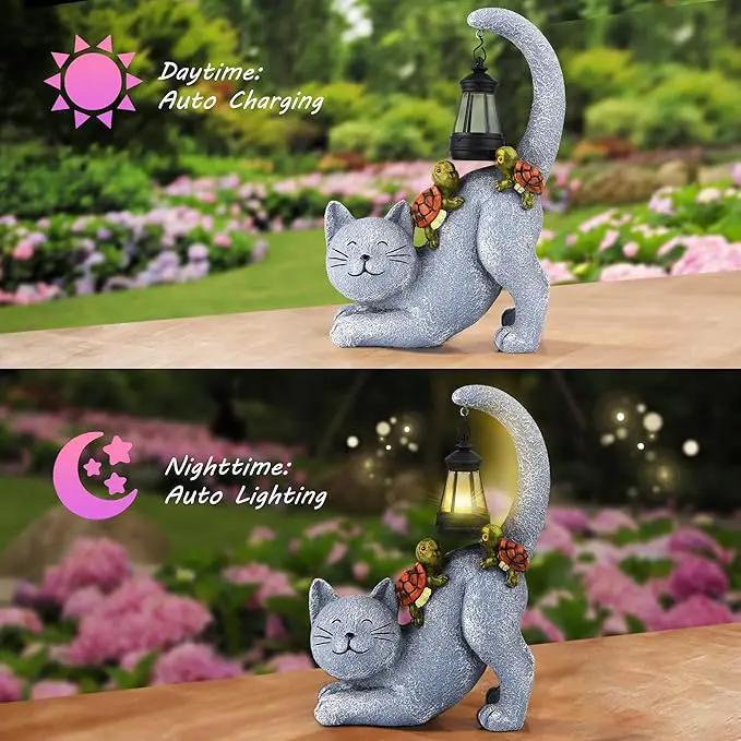 Solar Garden Decor Cat Figurine-Cat Outdoor Statue with Solar Lantern, Loving Turtle Garden Decor for Outside Patio,Porch,Yard, Backyard-Unique Housewarming Gifts for Mom Grandma Women by GreenHaven Gardens