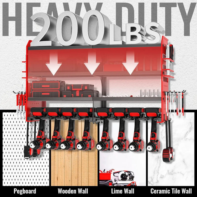 Metal Power Tool Organizer Rack Wall Mount, Garage Tool Drill Storage Shelves with Screwdriver Plier Holder (Red, 8 Drills Holder) by GreenHaven Gardens