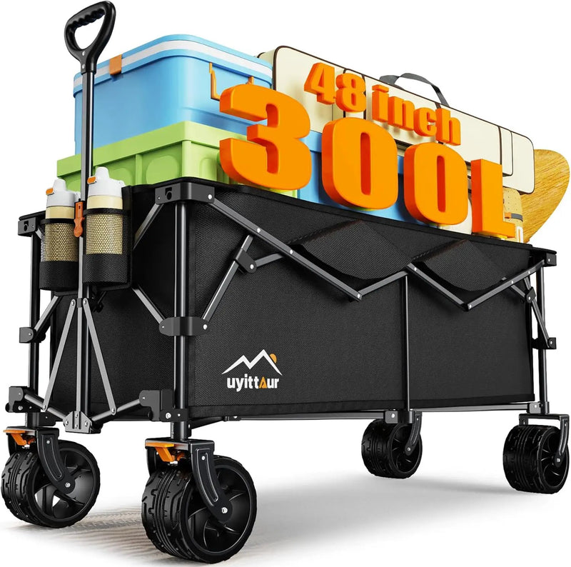 300L Extra Large Collapsible Foldable Wagon, 440lbs Load Capacity 48''L Extended Heavy Duty Folding Beach Wagon with Big All-Terrain Wheels, Utility Garden Cart for Outdoor Activities, Black by GreenHaven Gardens