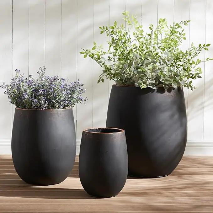 17.7"+13.3"+9.5" Dia Round Concrete Planter Set of 3, Large Outdoor Planter, Black with Gold Rim, Flower Pots with Drainage Holes for Garden, Patio, Home, Office by GreenHaven Gardens