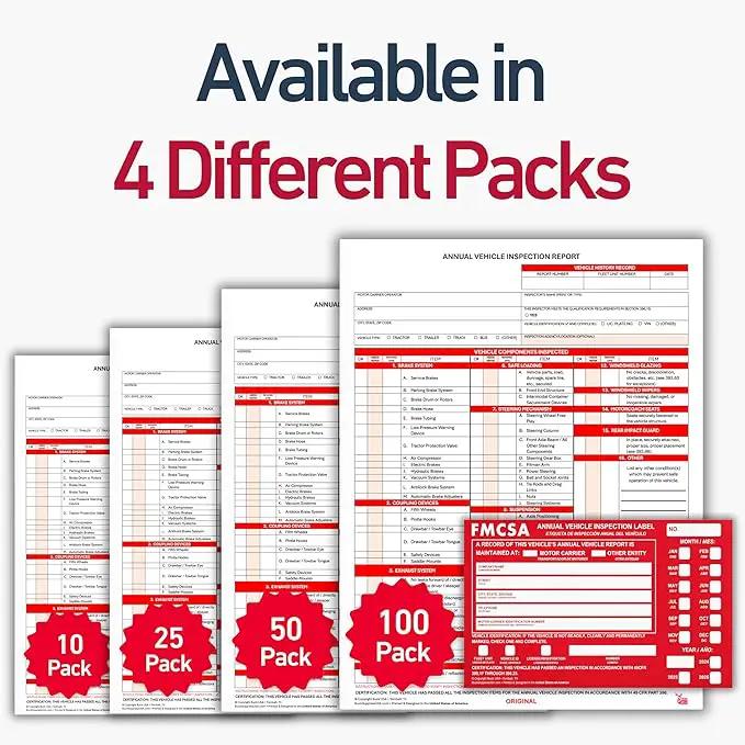 5 Pack 3-Ply Carbonless Annual Vehicle Inspection Report Forms with FMCSA Red Aluminum Adhesive Labels, DOT Inspection Forms and Stickers, Shrink-Wrapped, 8.5" x 11.75" - Made in USA by GreenHaven Gardens