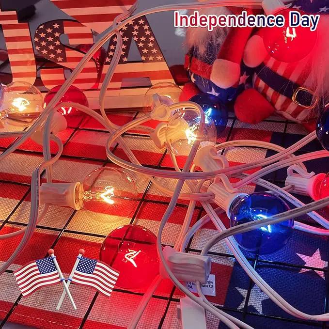4th of July Decorations Lights Outdoor, 25Ft Red White and Blue Lights with 25 G40 Light Bulbs, Plug in G40 Patriotic Light for Indoor Independence Day Party Memorial Day-White by GreenHaven Gardens