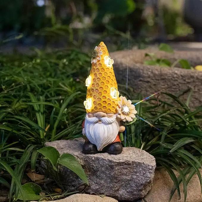 Garden Gnome Statue Solar Powered with Glowing Bees Sunflower Outdoor Funny Resin Figurine Decorations for Patio Yard Lawn Porch Housewarming Ornament Gift by GreenHaven Gardens