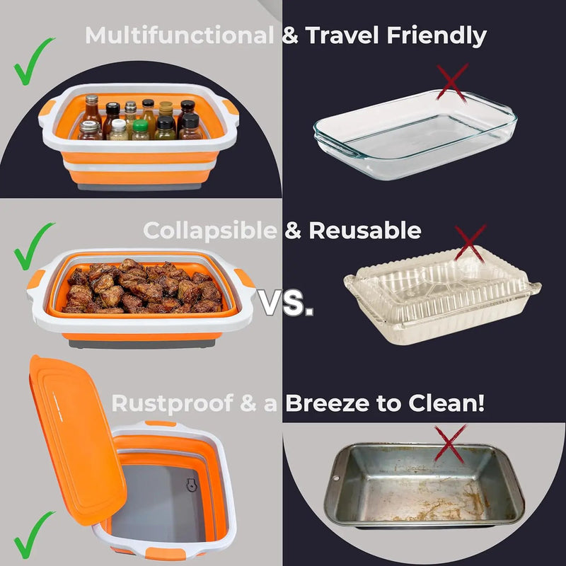 Collapsible X-Large (16L) BBQ Marinating Tub w/Cutting Board | Multipurpose Food-Grade TPE Prep Tub w/Lid | Built-in Colander & Drain Plug - for Camping | Tailgate | Picnic - Bold Orange by GreenHaven Gardens