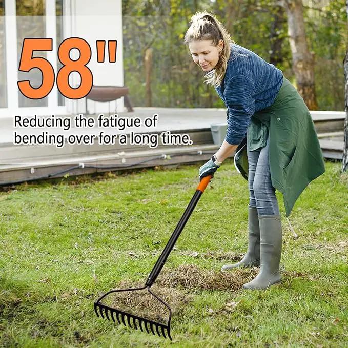 Garden Rake for Lawn Heavy Duty, 14 Tines Metal Rake with Thick Fiberglass Handle, 58 Inches by GreenHaven Gardens
