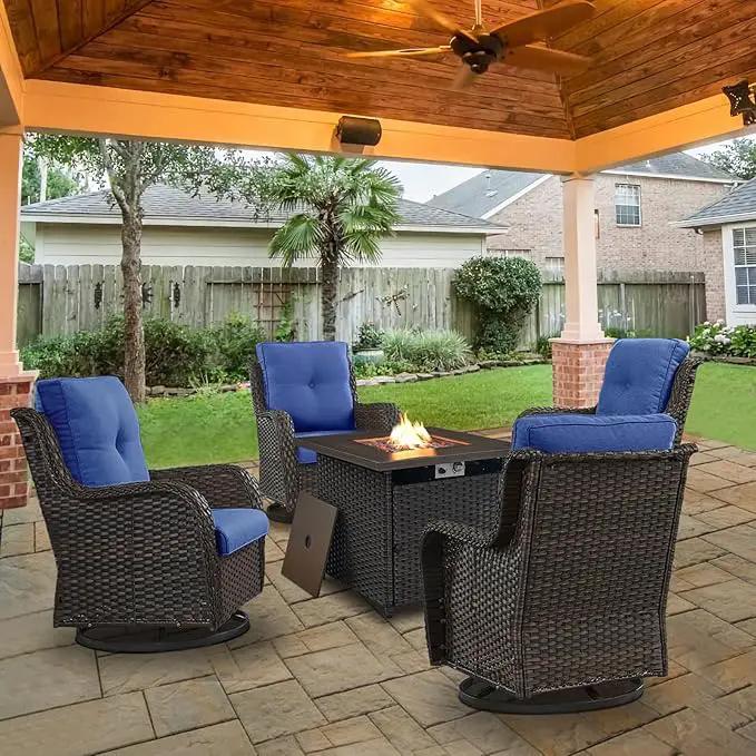5 Pieces Patio Wicker Furniture Set - 4 Outdoor Swivel Rocker Glider Chairs with Propane Fire Pit Table, Warm Patio Conversation Set Blue Cushion Perfect for Casual Gathering by GreenHaven Gardens