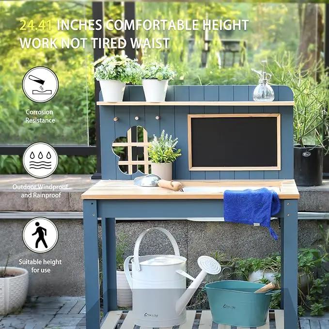 Kids Potting Bench Table Garden Workbench Outdoor Kids Garden Double-Layer Planting Table with Drawing Board Removable Sink,Wood Outdoor Play Kitchen for Toddlers,Backyard and Porch Blue by GreenHaven Gardens