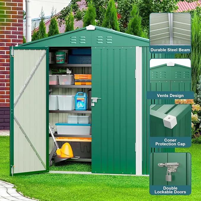 Gizoon Outdoor Storage Shed 6 x 4 FT, Galvanized Metal Garden Shed with Double Lockable Doors, Outdoor Storage Clearance for Backyard Patio Lawn-Green by GreenHaven Gardens