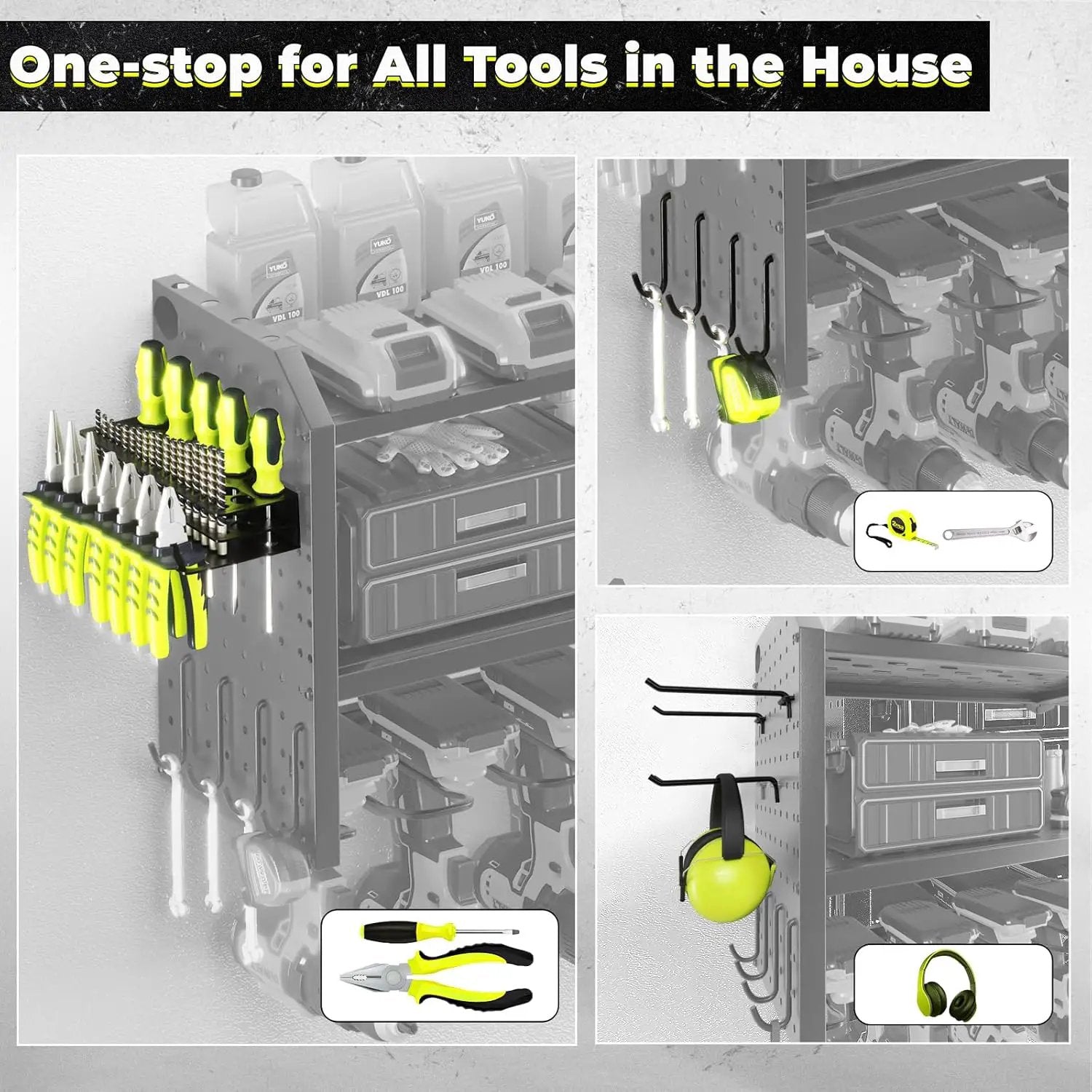 KAFAHOM Power Tool Organizer，Large 8 Drill Holder Wall Mount with 2 Side Pegboards,Metal Tool Shelf with 12 Hooks，Storage Rack for Garage Organization，Utility Cordless Drill Holder - Black by GreenHaven Gardens