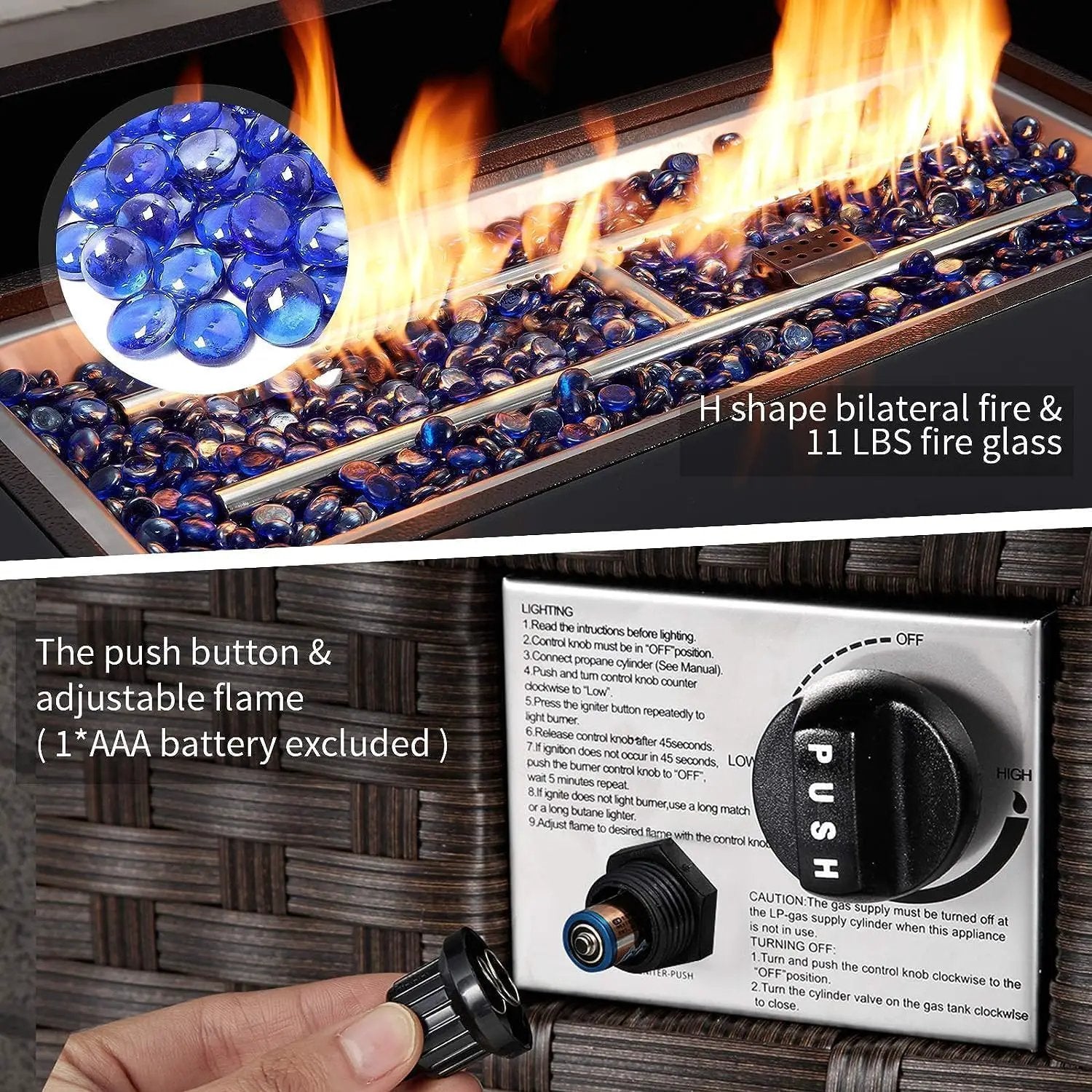 U-MAX 44in Outdoor Propane Gas Fire Pit Table, 50,000 BTU Auto-Ignition Gas Firepit with Glass Wind Guard, Black Tempered Glass Tabletop & Blue Glass Rock, Brown PE Rattan, CSA Certification by GreenHaven Gardens