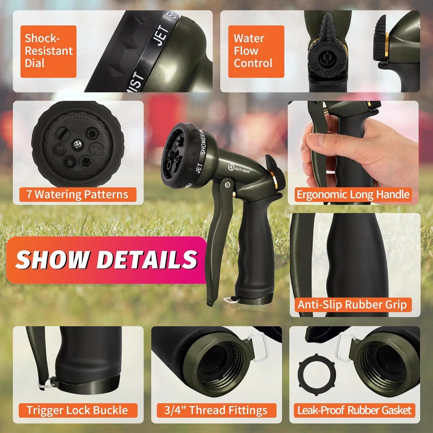AUTOMAN Garden Hose Nozzle - 7 Patterns Sprayer, 100% Metal High Pressure Spray Nozzle, Labor-Saving Design, Heavy Duty Water Hose Nozzle for Garden Watering, Car Washing, Window Cleaning,Pets Bathing by GreenHaven Gardens