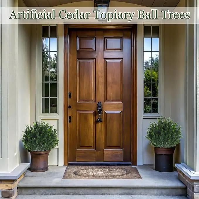 Yunlly 4 Pcs Artificial Cedar Topiary Ball Fake Tree 18" Bush Front Porch Decor Artificial Shrubs for Outdoors Faux Cypress with Ground Spike, Evergreen Plants for Indoor Garden Patio, UV Resistance by GreenHaven Gardens