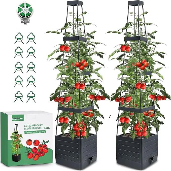 MQFORU 2 Packs Raised Garden Bed Tomato Planter with Trellis, 57" Tomato Cages for Climbing Vegetables Plant, Self Watering Planters Box for Garden Pots for Patio Greenhouse Indoor Outdoor（2PCS） by GreenHaven Gardens