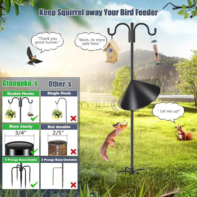 Gtongoko Bird Feeder Pole Squirrel Proof, 108 Inch Double Shepherds Hook for Outdoor with Squirrel Baffles Adjustable Heavy Duty with 5 Prongs Base for Hanging Plants, Bird Feeders, Black by GreenHaven Gardens