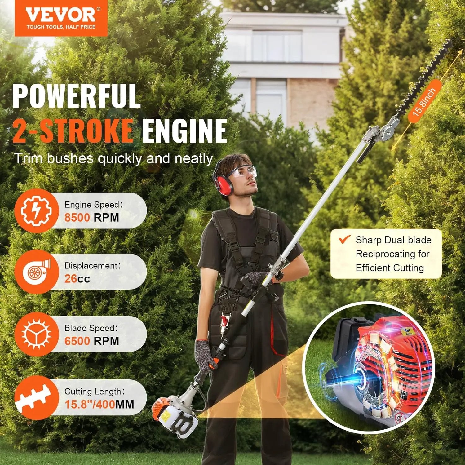 VEVOR Gas Hedge Trimmer 2 Cycle with Extension Pole, 15.7-inch 26cc Gas Powered Pole Hedge Trimmer with Dual Sided Dual Action Blade, Great for Trimming Shrubs, Bushes, w/EPA, CE and EMC Certification by GreenHaven Gardens