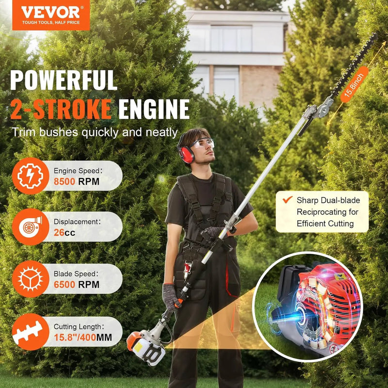 VEVOR Gas Hedge Trimmer 2 Cycle with Extension Pole, 15.7-inch 26cc Gas Powered Pole Hedge Trimmer with Dual Sided Dual Action Blade, Great for Trimming Shrubs, Bushes, w/EPA, CE and EMC Certification by GreenHaven Gardens