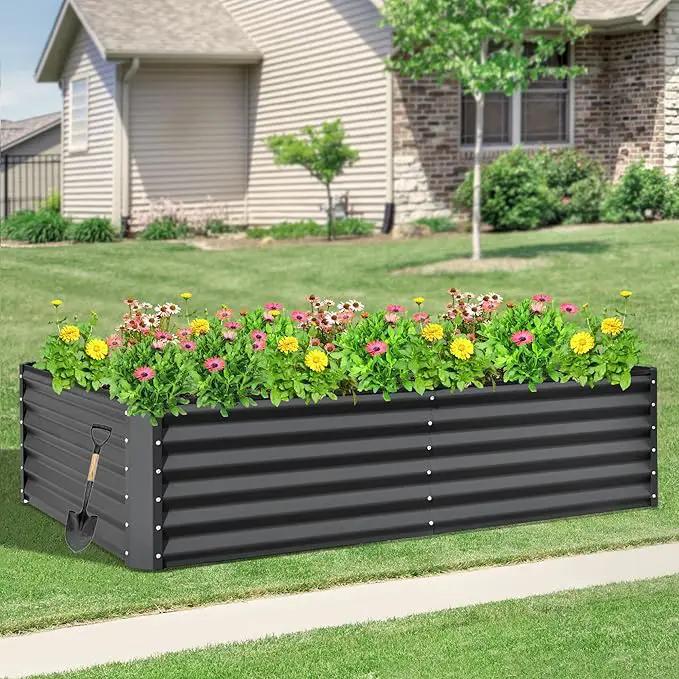 Domi Raised Garden Beds Outdoor, 8x4x1.5Ft Thickening Tall Metal Rectangular Deep Root Box Planter for Vegetables, Flowers, Herbs, and Succulents 1.5" Deep w/ 342 Gallon Capacity - Dark Gray by GreenHaven Gardens