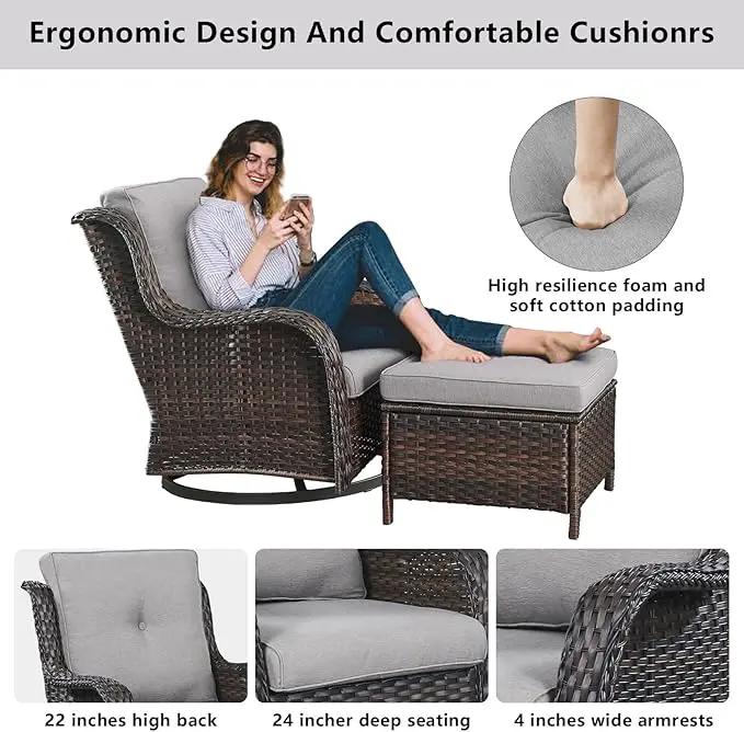Wicker Outdoor Furniture Patio Furniture Set - 6 Piece Patio Conversation Set with Swivel Rocker Chairs, Rattan Sofa, Ottomans and Coffee Table, Gray Cushion by GreenHaven Gardens