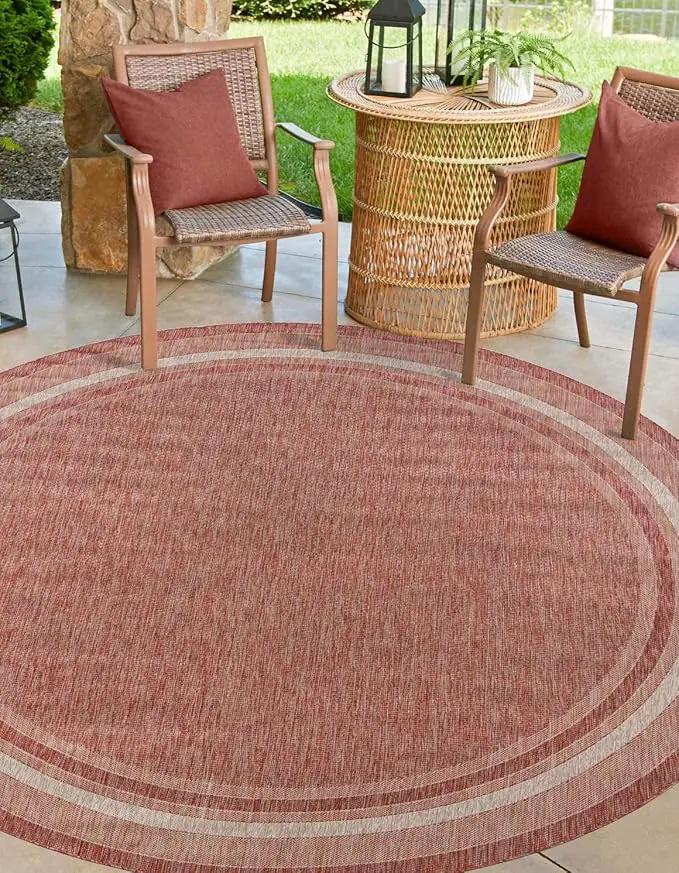 Unique Loom Outdoor Border Collection Area Rug - Soft Border (13'Round, Rust Red/ Ivory) by GreenHaven Gardens
