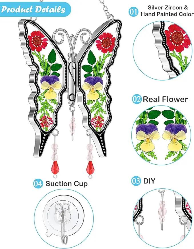 KY&BOSAM Butterfly Suncatcher DIY Gifts for Mom Ornament for Window Pressed Flower Between Wings Glass Metal Engraved No Charm Gifts for Mom Mother's Day Valentine's Birthday Thanksgiving Christmas by GreenHaven Gardens