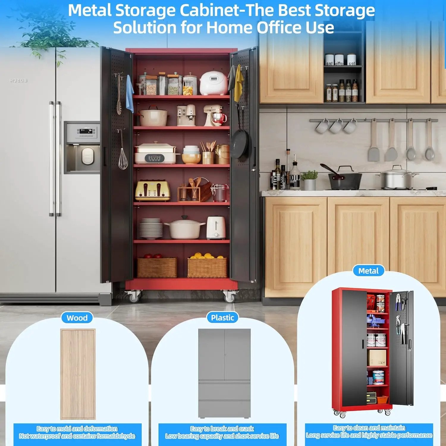 71" H×32" W×16" D Garage Storage Cabinet with Wheels, Locking Metal Storage Cabinet with 5 Adjustable Shelves, 4 Hooks and Pegboard for Garage, Home Office, Kitchen, Black and Red by GreenHaven Gardens