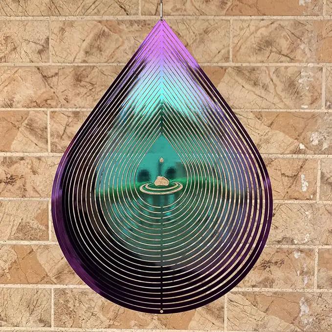 Wind Spinner Garden Indoor Outdoor Decor 3D Stainless Steel Metal Hanging Decorations, 3D Water Droplets Pattern Metal Wind Sculptures & Spinners Whirligig Gifts with 12inch(Green&Purple) by GreenHaven Gardens