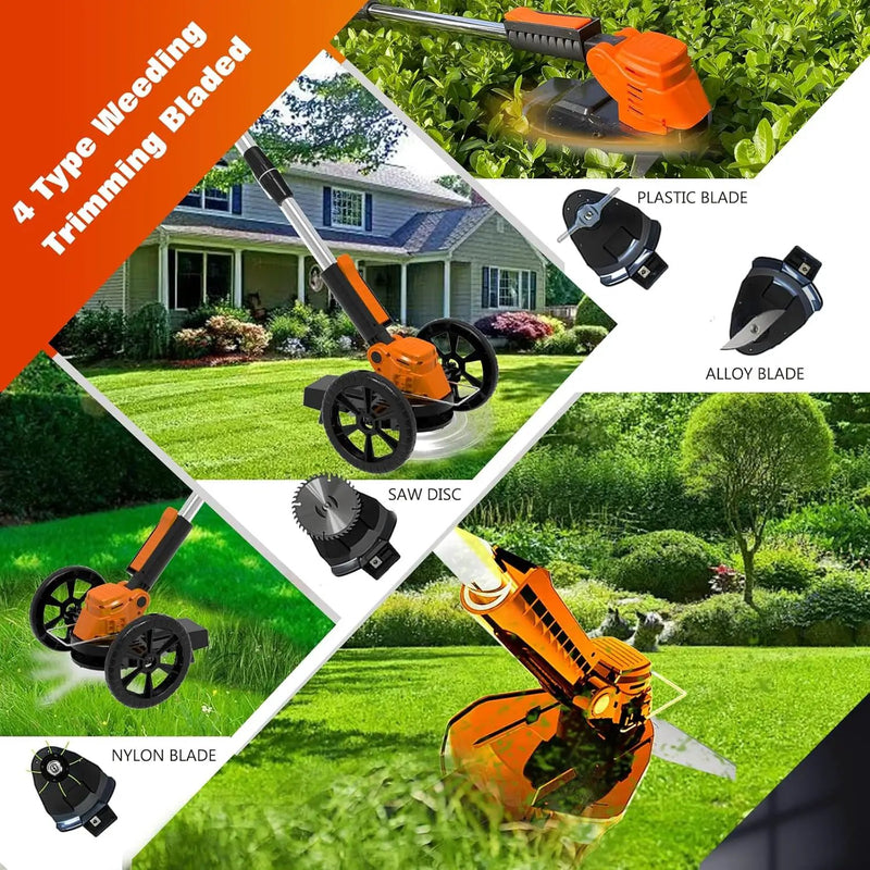 Electric Weed Wacker Eater Cordless Battery Powered, Weed Trimmer 21V Lightweight No-String with 2 Battery Operated & Wheels, 3 in 1 Stringless Grass Trimmer/Edger/Brush Cutter for Garden Yard Lawn by GreenHaven Gardens