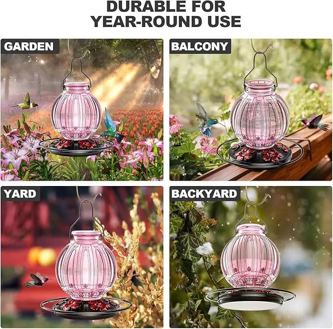 Glass Hummingbird Feeder for Outdoors Hanging, Bird Nectar Feeder with Perch & 5 Flower Feeding Ports, 26 Oz Leak Proof for Outside Garden Decor Backyard, Gifts for Women Mom, Pink by GreenHaven Gardens