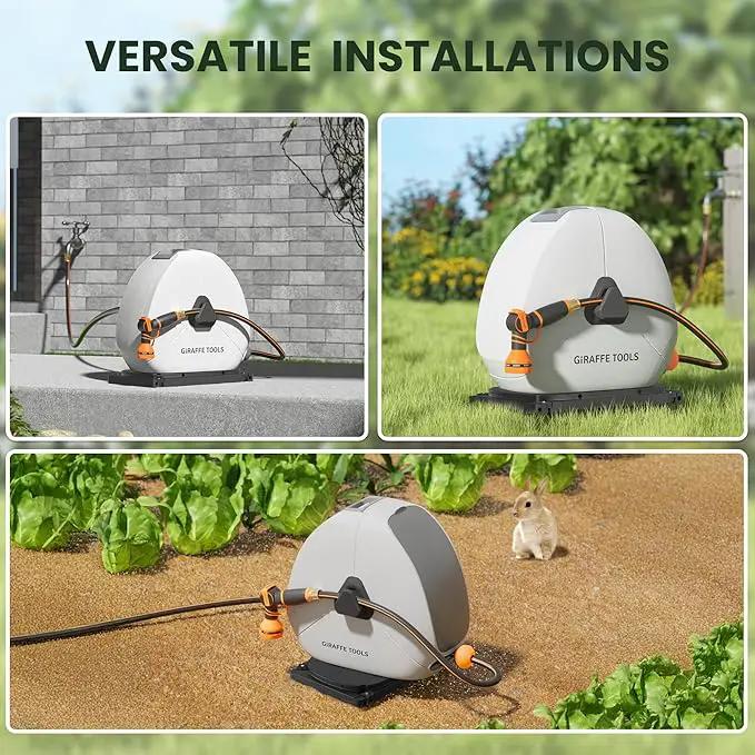 Giraffe Tools Ground Mounted Retractable Hose Reel 1/2 Inch x 130FT, Heavy Duty Automatic Rewind Garden Hose Reel, with Flexible Swivel Base for Lawn, Concrete Floor by GreenHaven Gardens
