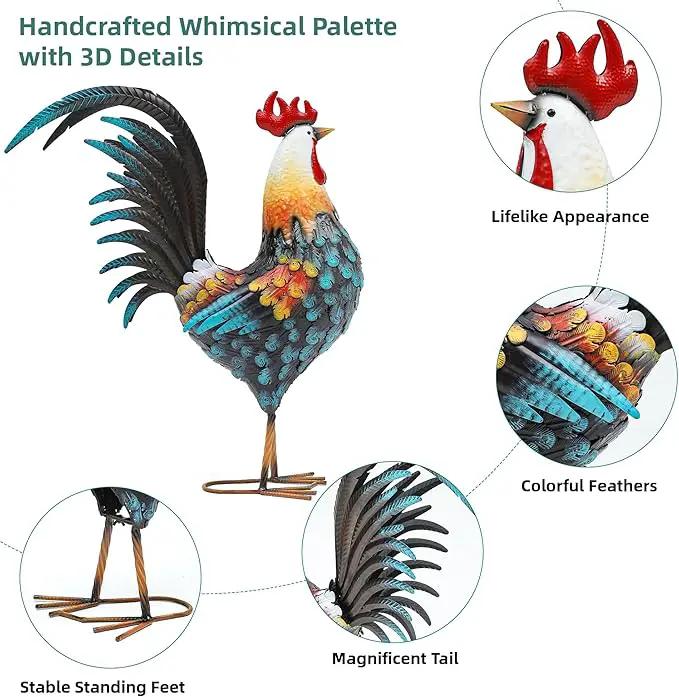 32" Large Metal Rooster Decor, Outdoor Garden Statues, Metal Chicken Sculpture for Backyard Patio Kitchen Decor by GreenHaven Gardens