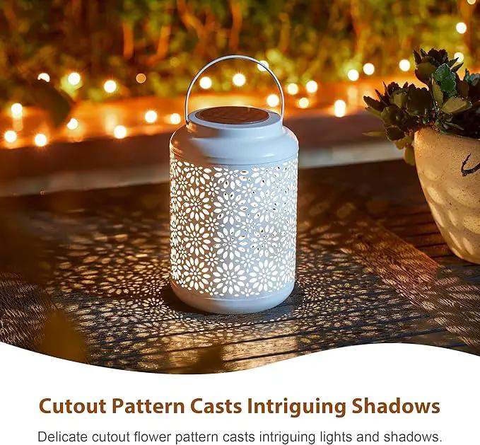 Glitzhome Solar Lantern White Metal Cutout Flower Outdoor Hanging Solar Light with Handle for Garden Patio Yard Outdoor Decor by GreenHaven Gardens