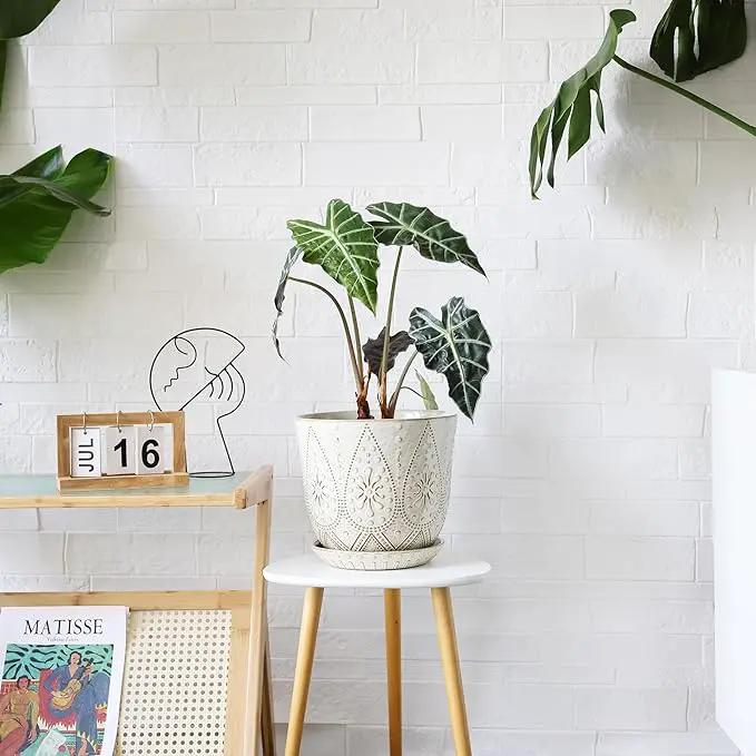 Gepege 10 Inch Plant Pot, Creamy White Ceramic Planter with Drainage Holes and Saucers for Plants Indoor and Outdoor Flower Pot by GreenHaven Gardens