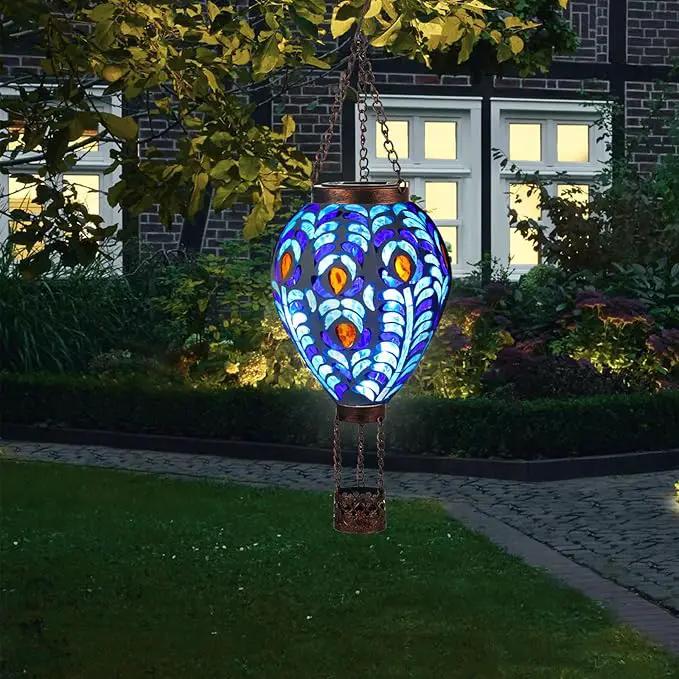 VOREEN Hot Air Balloon Solar Lantern, Mosaic Solar Outdoor Hanging Wind Light, Waterproof, Patio Festive Decor, Easter Gifts for Mom Father Grandma, Peacock Feather Design by GreenHaven Gardens