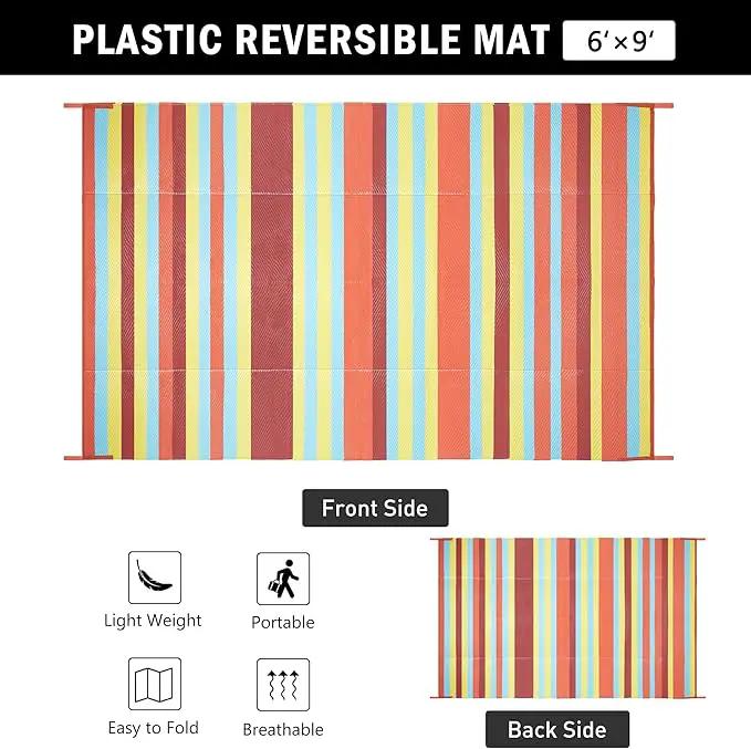 Outdoor Waterproof Rug 6'x9' Plastic Straw Rugs Washable Reversible Floor Mat Rainbow Stripe Carpet for Camping RV Deck Entryance Porch Picnic Balcony Beach Backyard by GreenHaven Gardens