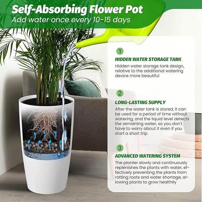 22" Tall Round Planter Set of 2, Self Watering Pots for Indoor Plants, Large Flower Pot Outdoor with Built-in Drainage and a Water Level Monitor, for Patio, Porch, Living Room, or Home Office, White by GreenHaven Gardens