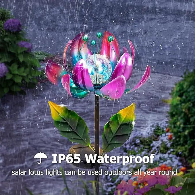 Huaxu Solar Outdoor Lights 35.4In Garden Decor Flower Wind Spinners,Waterproof LED Crackle Glass Globe Purple Lotus Art Metal Stake for Lawn Patio Pathway Yard Porch Driveway Decorations Gift by GreenHaven Gardens